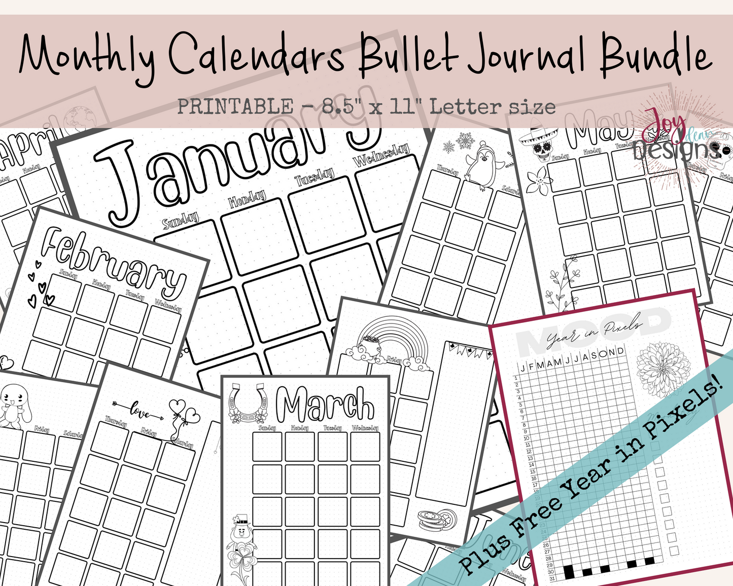 Pre-Made 12 Monthly Calendars Bullet Dotted Journal Pages Instant Download Printable Planner | Plus FREE Year in Pixels