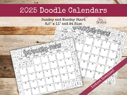 2025 Monthly Calendars Horizonal Doodle Coloring Instant Download Printable Calendar 8.5x11 and A4 Size Landscape