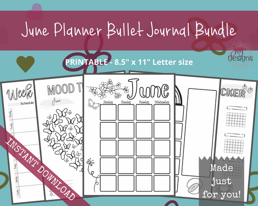 June Pre-Made Bullet Dotted Journal Pages Instant Download Printable Planner Undated