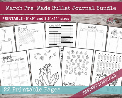 March PreMade Bullet Dotted Journal Planner Pages | Instant Download Printable Planner | Weekly Bujo Inserts Template PDF 2 Sizes