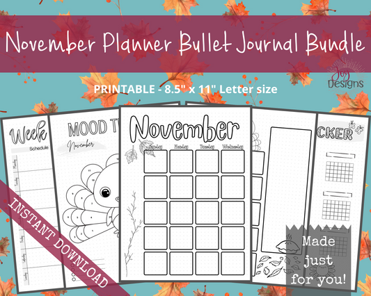 November Pre-Made Bullet Dotted Journal Pages Instant Download Printable Planner Undated Bujo