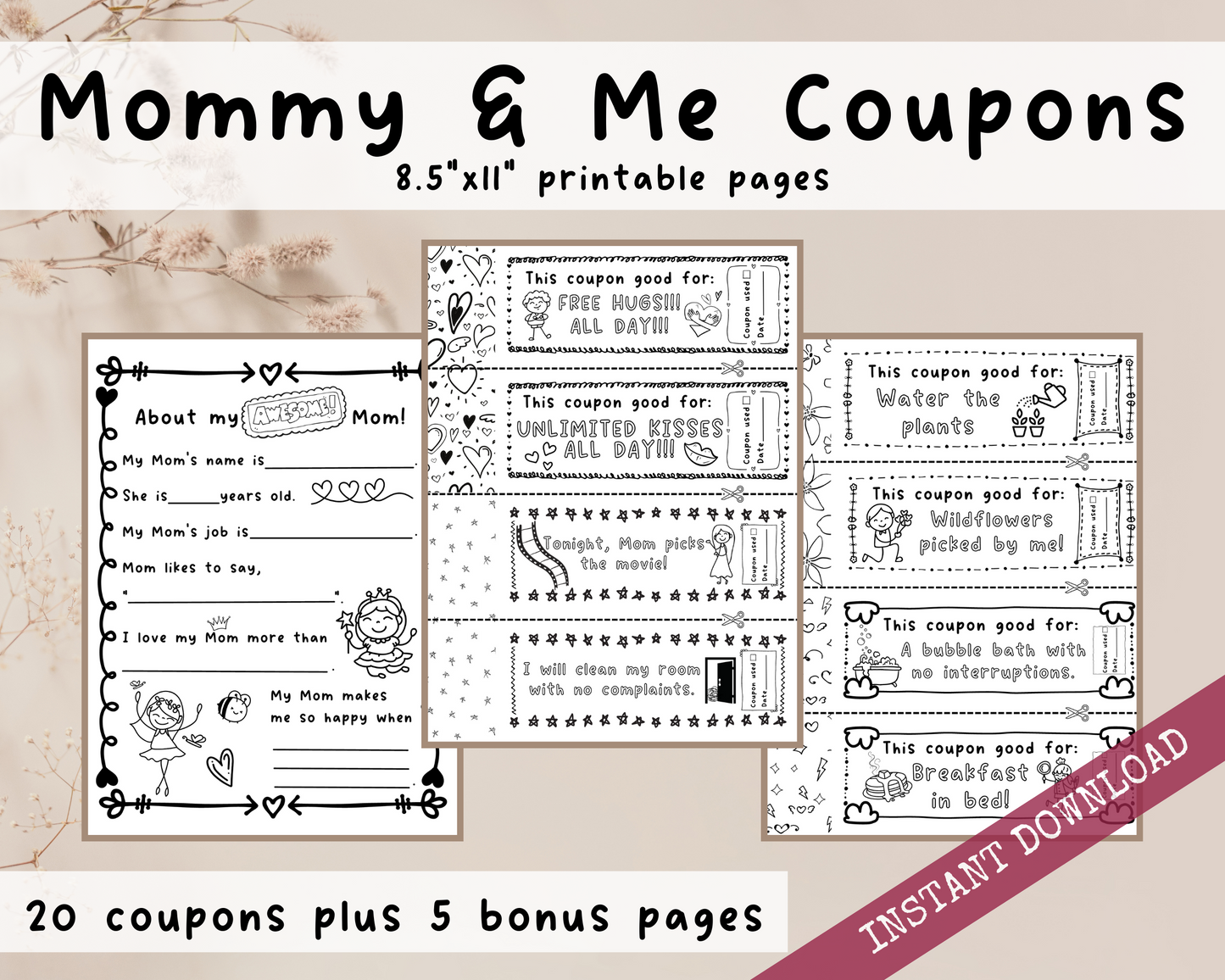 Mommy and Me Coupons: 20 Vouchers to Color, Cut out and Give to Mom. Plus Bonus Pages With Prompts About Mother, Instant Download Printable