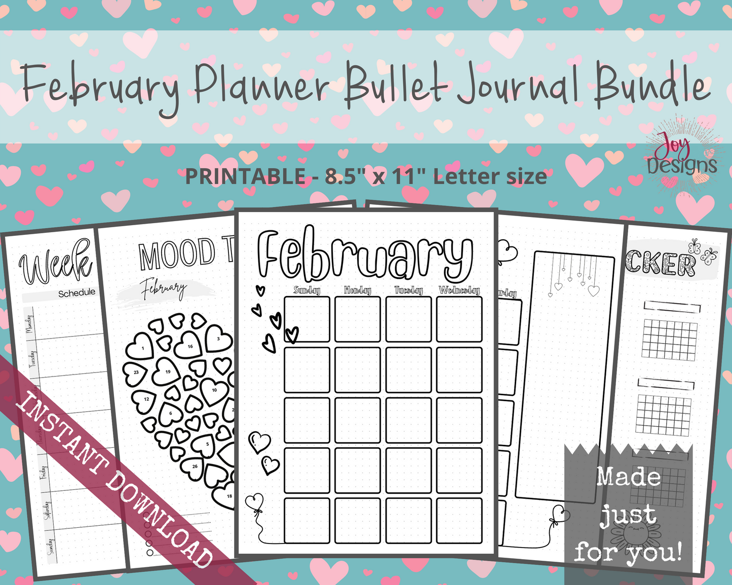 February Pre-Made Bullet Dotted Journal Pages Instant Download Printable Planner Undated