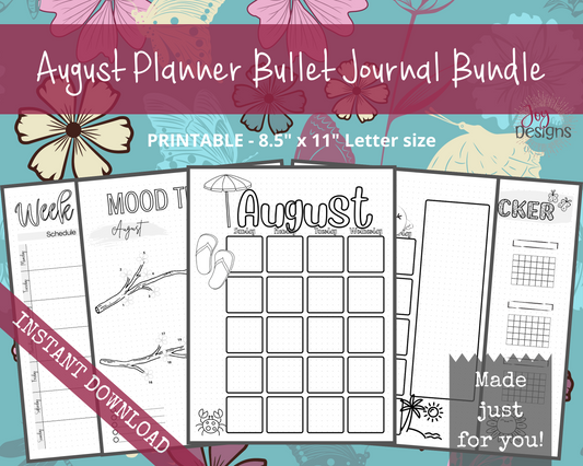 August Pre-Made Bullet Dotted Journal Pages Instant Download Printable Planner Undated