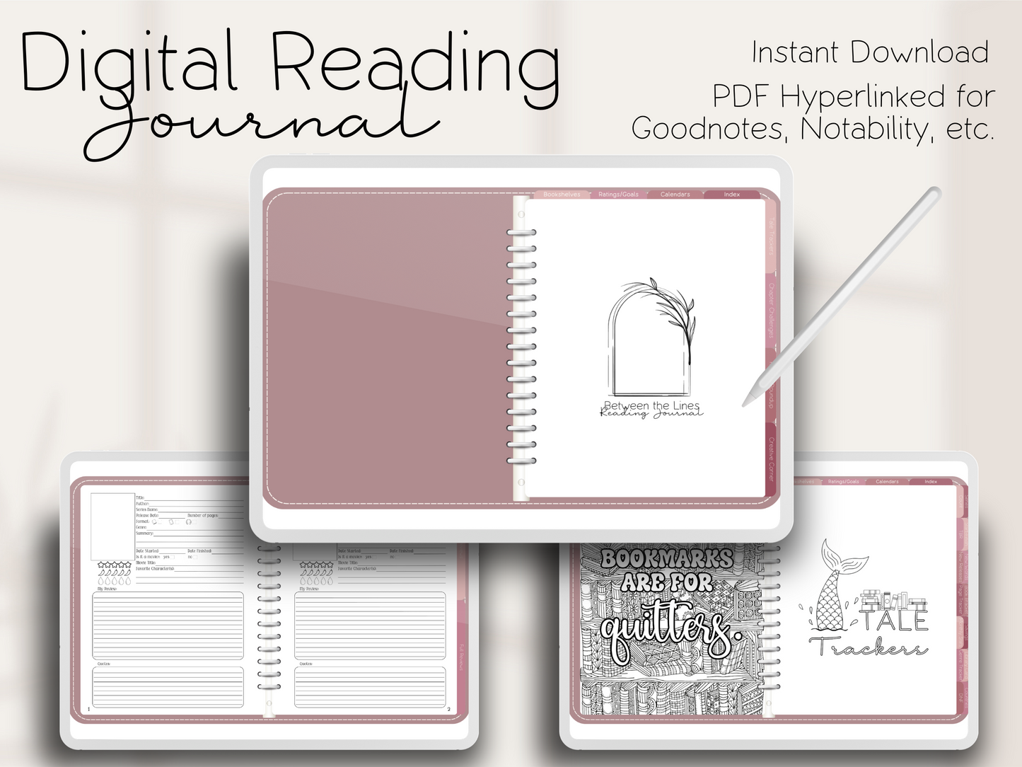 Digital Reading Tracker Journal Instant Download, Book Journal, Reading Planner PDF, Book Tracker, Digital Reading Journal for Goodnotes