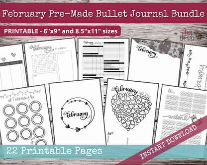 February PreMade Bullet Dotted Journal Planner Pages | Instant Download Printable Planner | Weekly Bujo Inserts Template PDF 2 Sizes