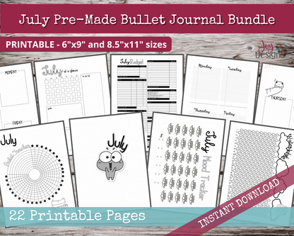 July PreMade Bullet Dotted Journal Planner Pages | Instant Download Printable Planner | Weekly Bujo Inserts Template PDF 2 Sizes