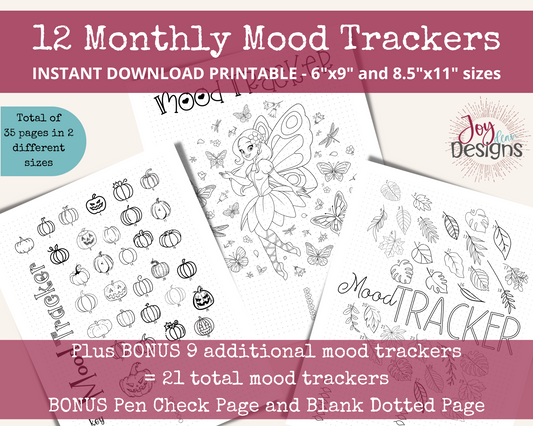 21 Monthly PreMade Mood Trackers Bullet Dotted Journal Pages Instant Download Printable Planner | 6x9 and 8.5 x11 Sizes | FREE Dotted Page