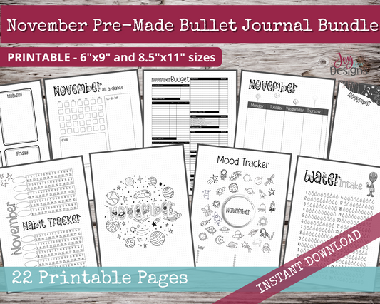 November PreMade Bullet Dotted Journal Planner Pages | Instant Download Printable Planner | Weekly Bujo Inserts Template PDF 2 Sizes