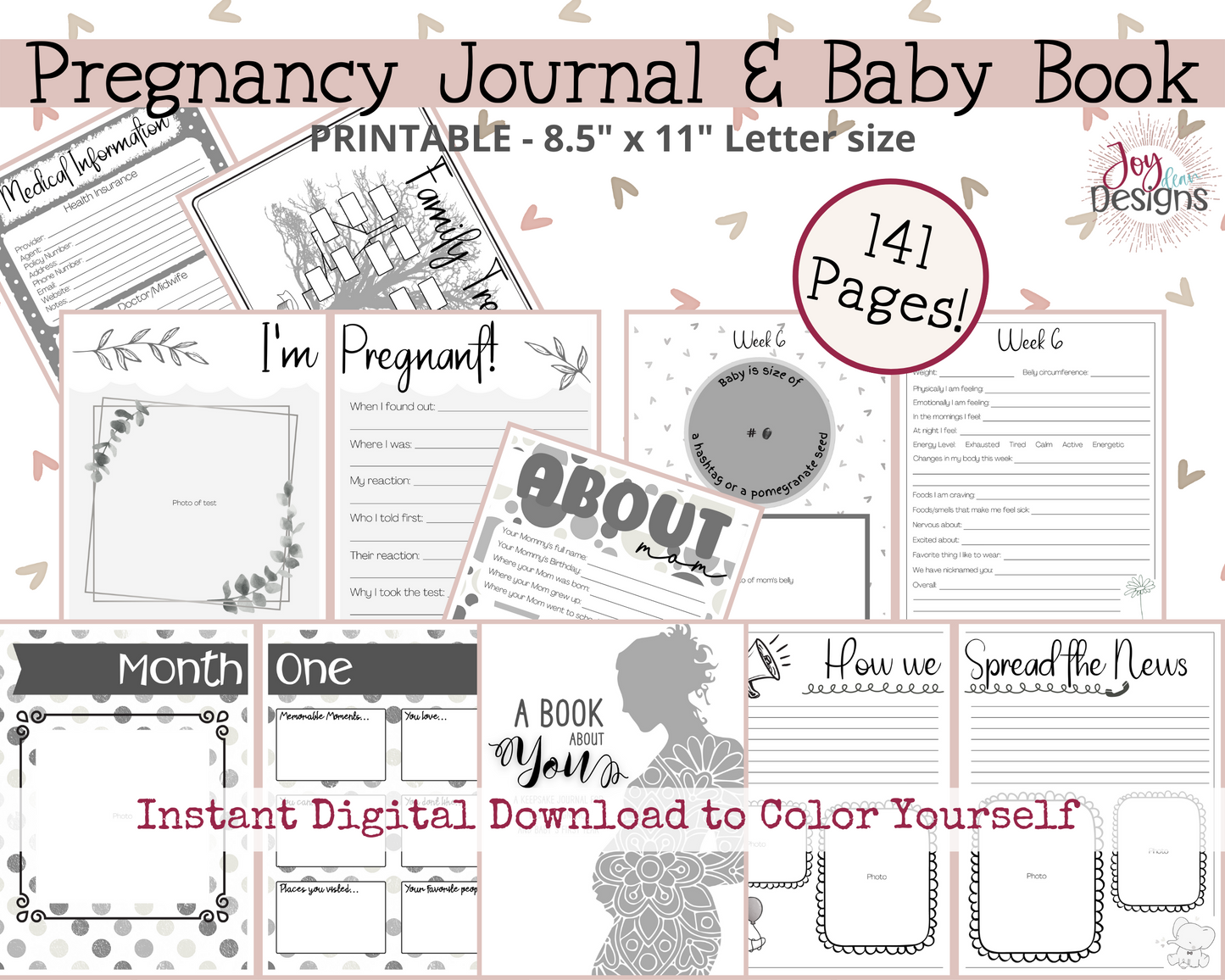 Printable Pregnancy Journal Memory Book to Track From Conception to Baby's First Birthday - Black & White - Digital Instant Download