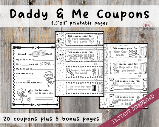 Daddy and Me Coupons: 20 Vouchers to Color, Cut out and Give to Dad. Plus Bonus Pages With Prompts About Father, Instant Download Printable