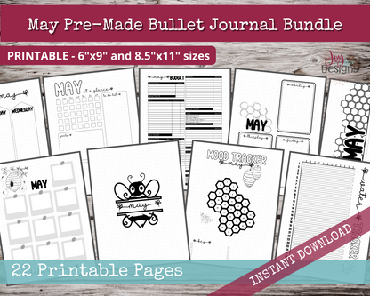 May PreMade Bullet Dotted Journal Planner Pages | Instant Download Printable Planner | Weekly Bujo Inserts Template PDF 2 Sizes