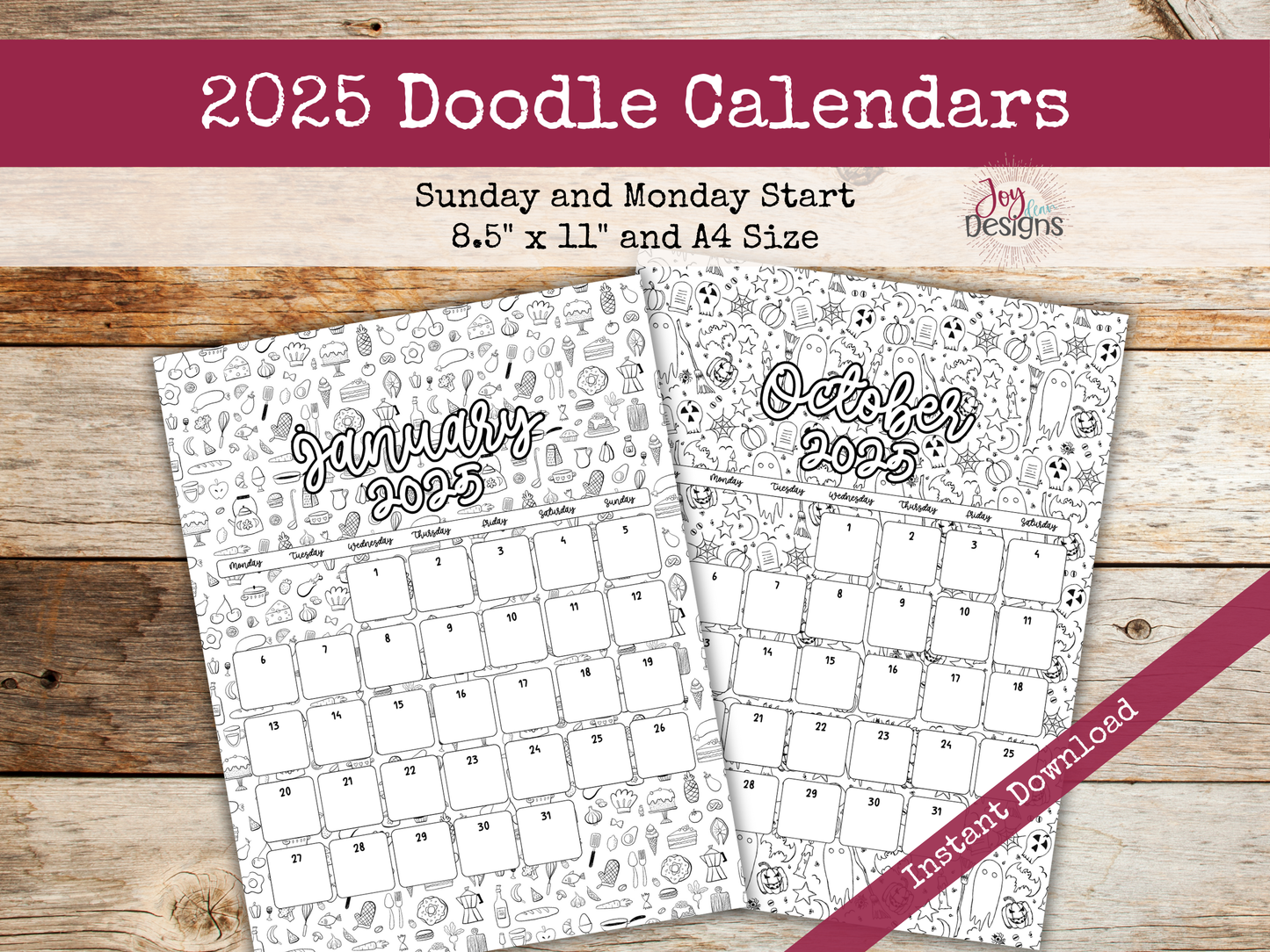 2025 Monthly Calendars Vertical Doodle Coloring Instant Download Printable Calendar 8.5x11 and A4 Size Portrait