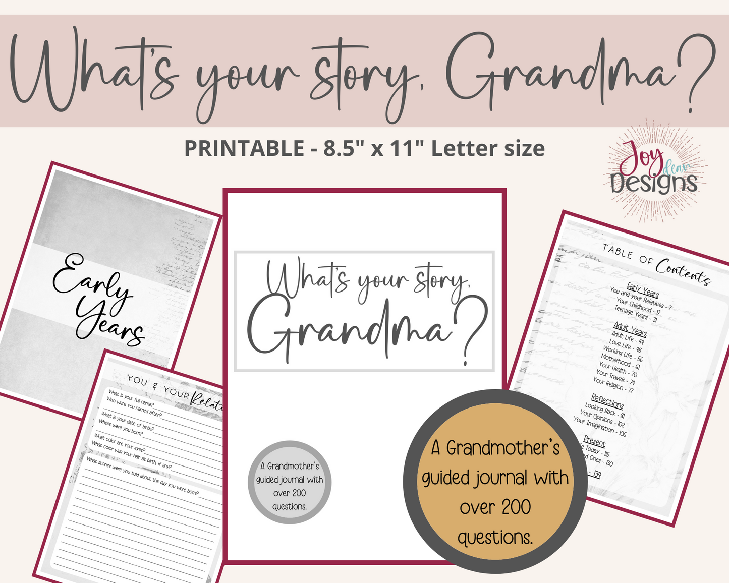 What's Your Story, Grandma? A Grandmother's Guided Notebook Over 200 Open Ended Journal Questions for Grandma: Instant Download Printable