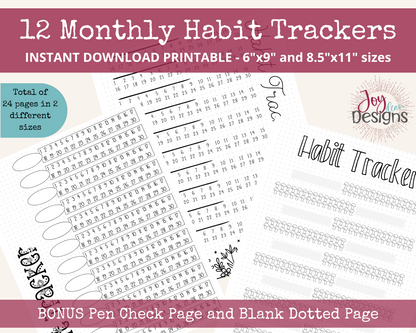 12+ Monthly PreMade Habit Trackers Bullet Dotted Journal Pages Instant Download Printable Planner | 6x9 and 8.5 x11 Sizes | FREE Dotted Page