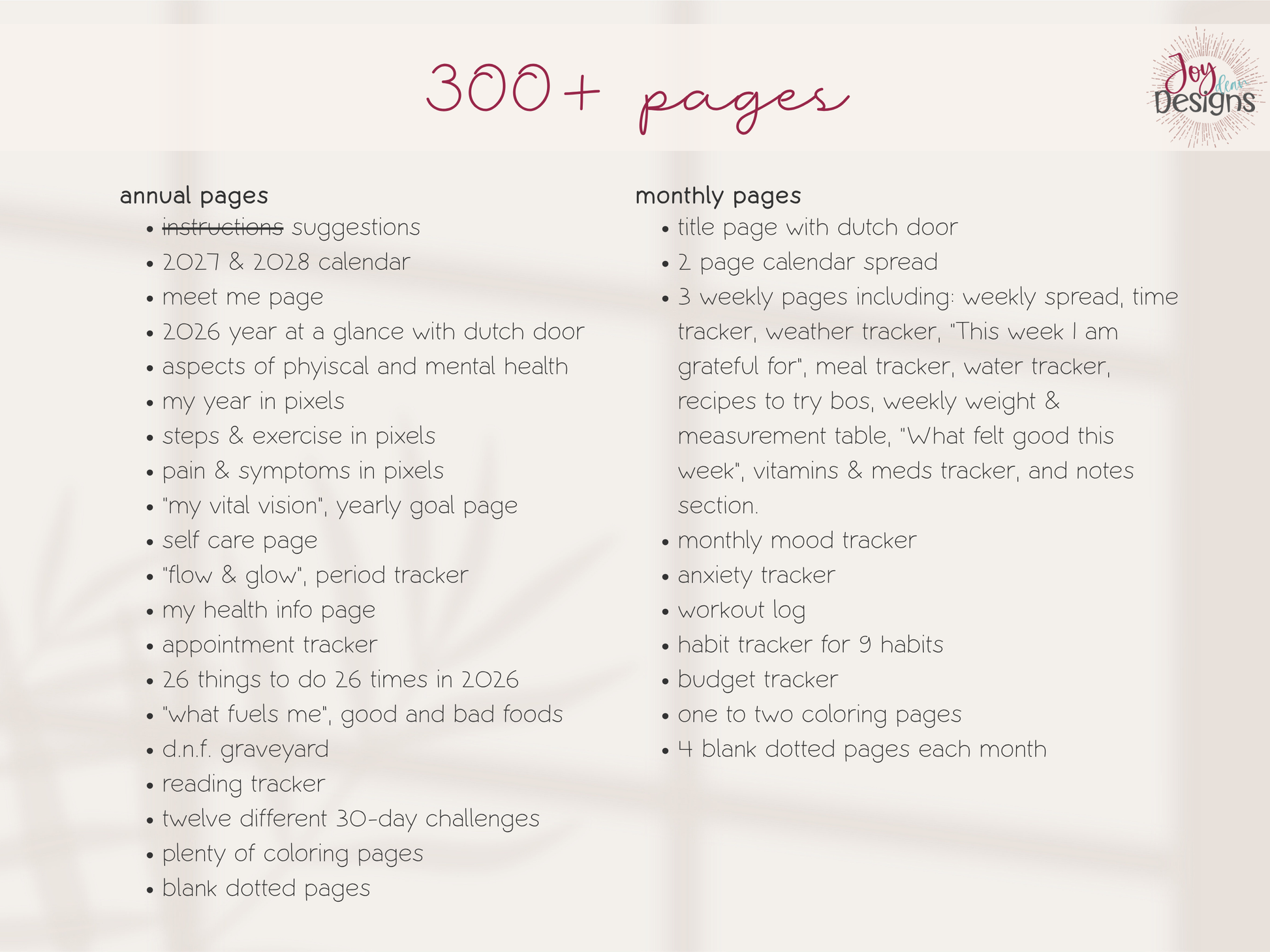 Product description sheet for a planner with features and pages details on a white background.