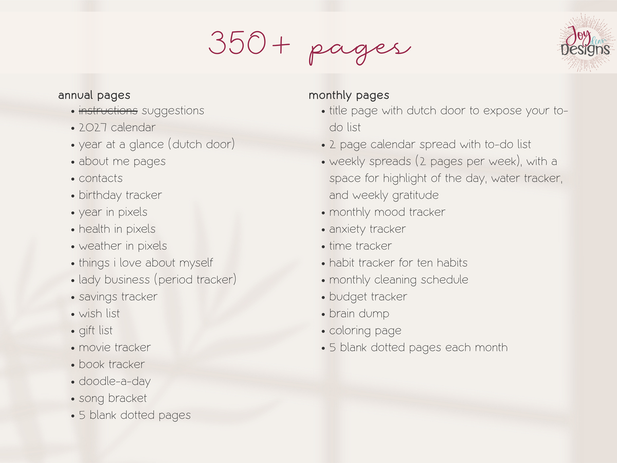 Inside The Enchanted 2027 pre-made dotted journal with over 350 pages of ready-to-use planner layouts. This coil-bound 2027 journal includes yearly calendars, annual trackers, monthly planning spreads, two-page weekly layouts, mood trackers, anxiety trackers, habit trackers, budget planners, cleaning schedules, colouring pages and blank dotted paper. A creative organizational planner for people who love journaling without spending hours drawing and setting up pages.