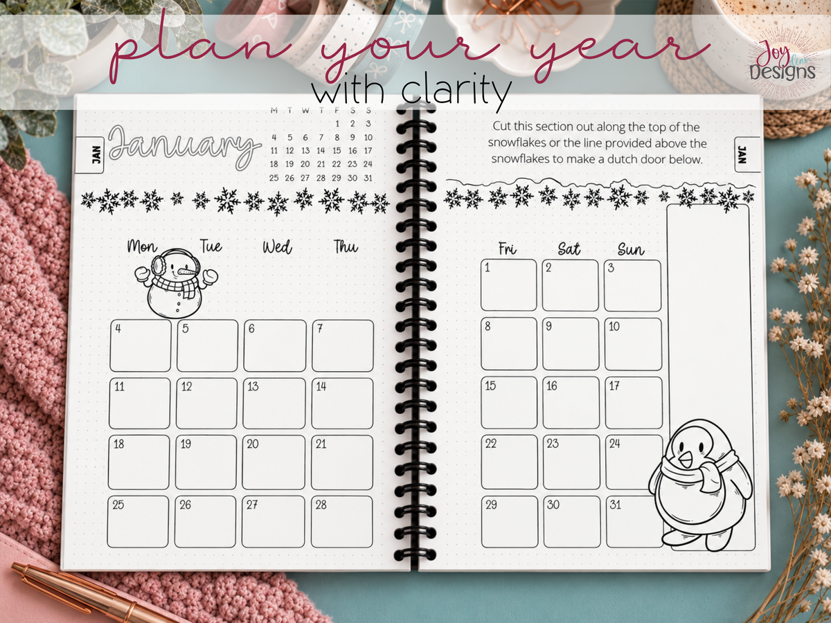 Open Aesthetic 2027 premade dotted planner showing January winter themed monthly calendar pages with dated planning layout decorative illustrations and space for appointments reminders goals and important dates coil bound 6x9 journal with black spiral binding creative weekly monthly organization aesthetic stationery for women students busy moms and planner enthusiasts ready made dot grid pages for scheduling productivity time management journaling and personalized colorful planning throughout 2027