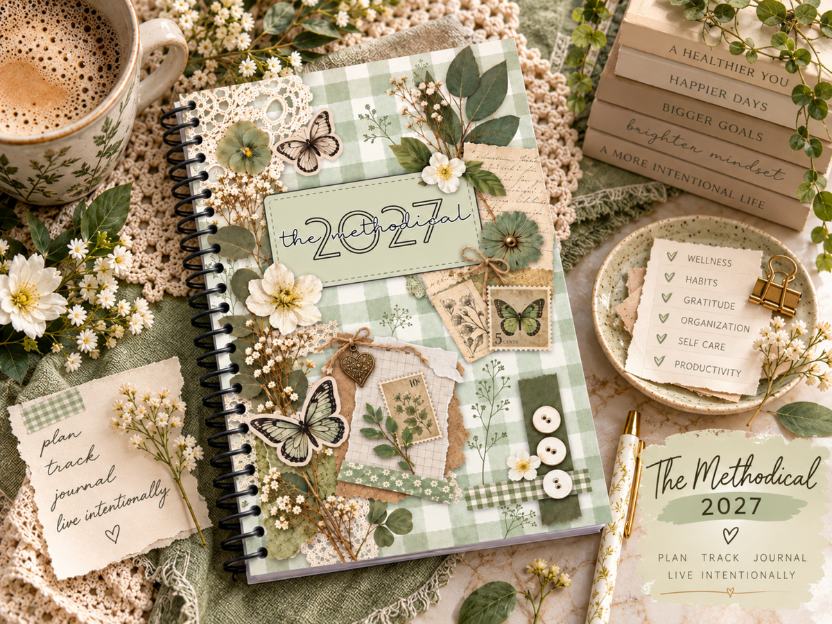 The Methodical 2027 daily planner photographed in a cozy vintage botanical stationery setting with sage green scrapbook cover coffee flowers notebooks and decorative accessories. Six by nine inch coil bound journal with soft matte cover and dated daily pages for tracking habits moods hydration steps meals fitness gratitude and daily reflections. Aesthetic daily planner and wellness journal for women who enjoy mindful routines organization and creative bullet journaling.
