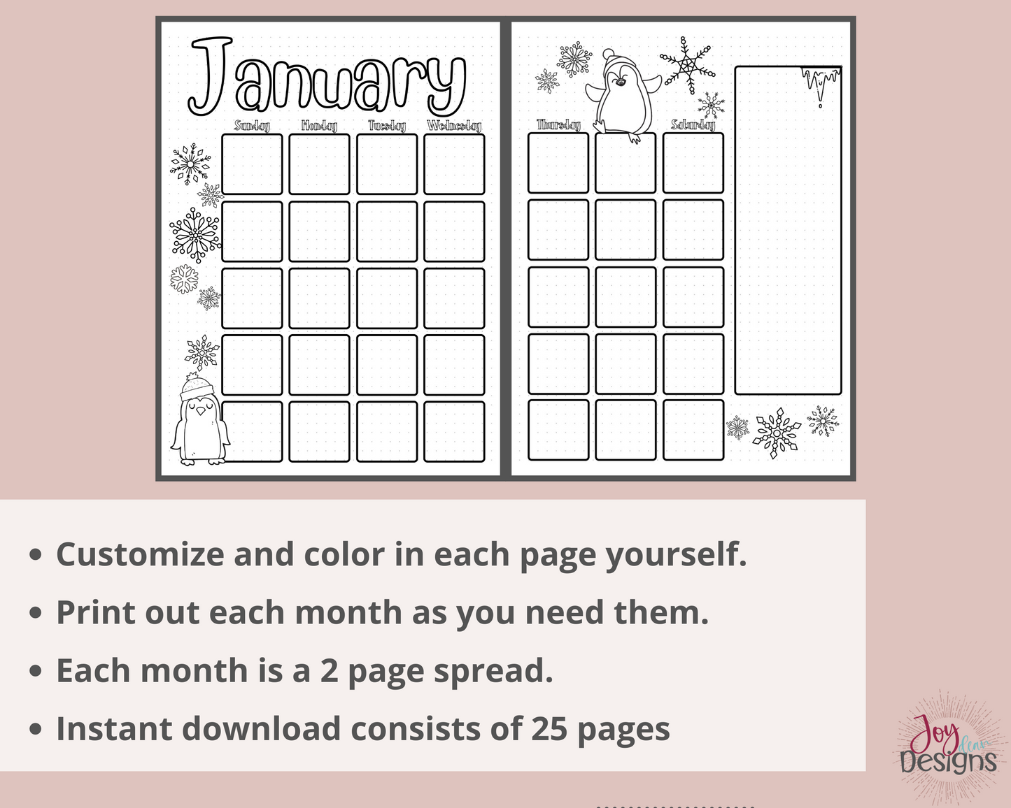 Pre-Made 12 Monthly Calendars Bullet Dotted Journal Pages Instant Download Printable Planner | Plus FREE Year in Pixels