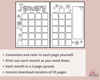 Pre-Made 12 Monthly Calendars Bullet Dotted Journal Pages Instant Download Printable Planner | Plus FREE Year in Pixels