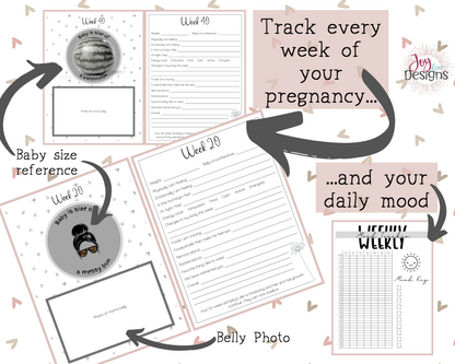 Printable Pregnancy Journal Memory Book to Track From Conception to Baby's First Birthday - Black & White - Digital Instant Download