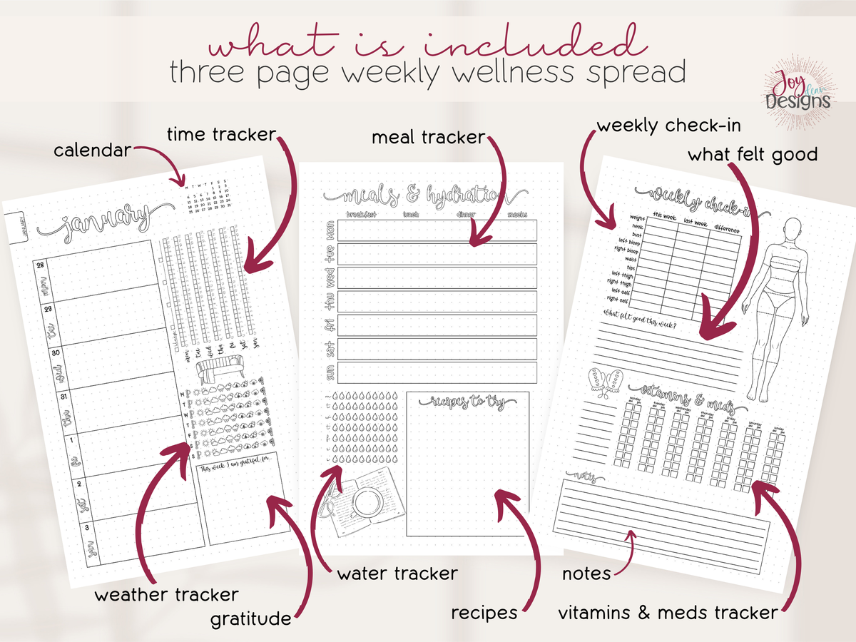 Inside The Vital 2027 wellness planner showing the unique three-page weekly layout with dated daily planning sections, mini calendar, time tracker, weather tracker, gratitude space, meal planner, water tracker, recipes to try, weekly body measurement check-in, vitamins and medications tracker and notes. Pre-made black and white dotted journal pages designed for personalized daily planning and wellness tracking.