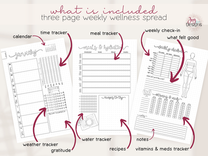 Inside The Vital 2027 wellness planner showing the unique three-page weekly layout with dated daily planning sections, mini calendar, time tracker, weather tracker, gratitude space, meal planner, water tracker, recipes to try, weekly body measurement check-in, vitamins and medications tracker and notes. Pre-made black and white dotted journal pages designed for personalized daily planning and wellness tracking.