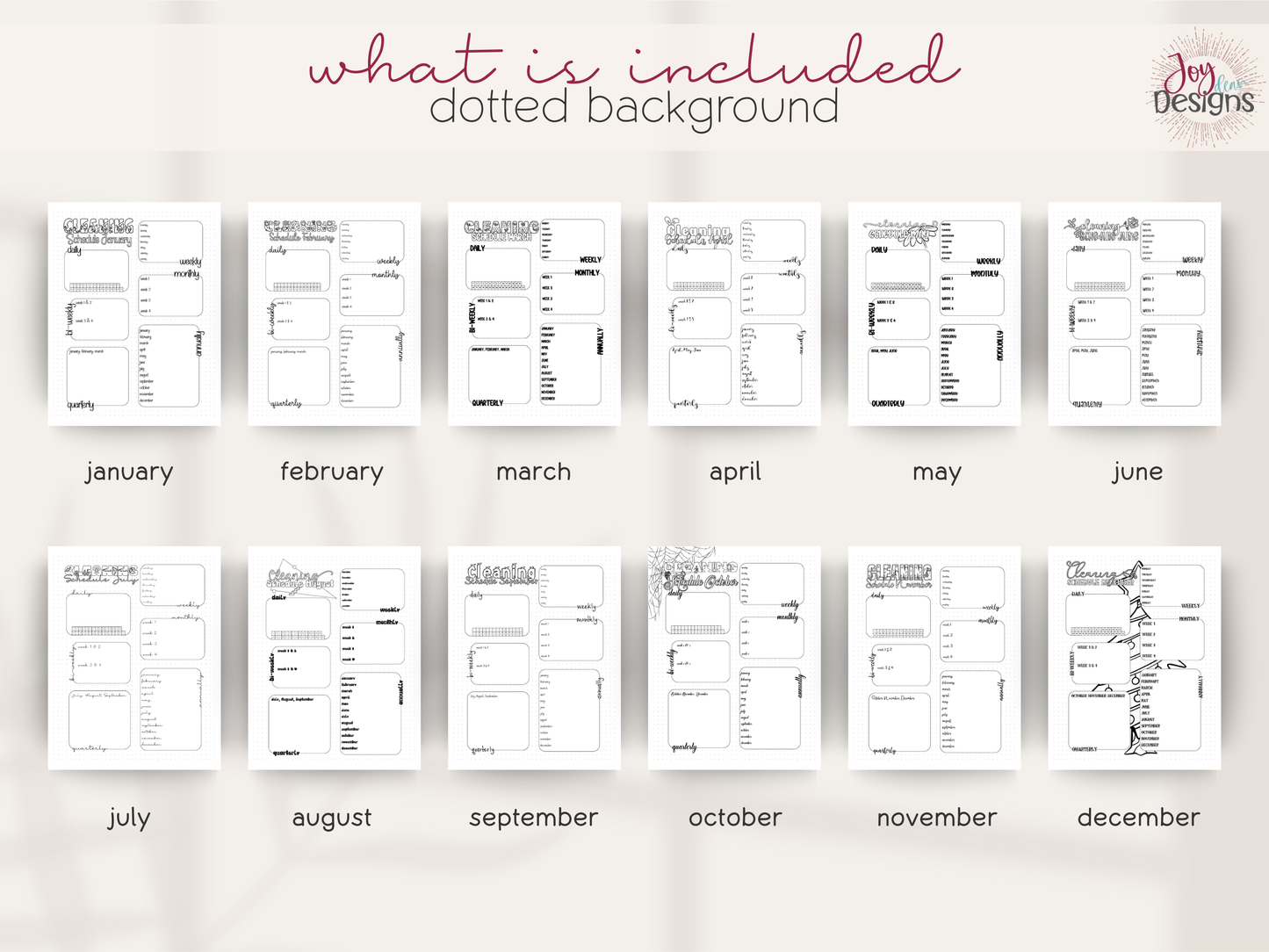 monthly cleaning schedule printable bundle digital cleaning planner pages home management binder inserts chore chart system daily weekly monthly quarterly annual cleaning tracker minimal black and white bujo style dotted and plain backgrounds pdf instant download goodnotes friendly household organization planner insert home cleaning routine house chores list spring cleaning checklist planning tools for busy moms students and families printable planner pages