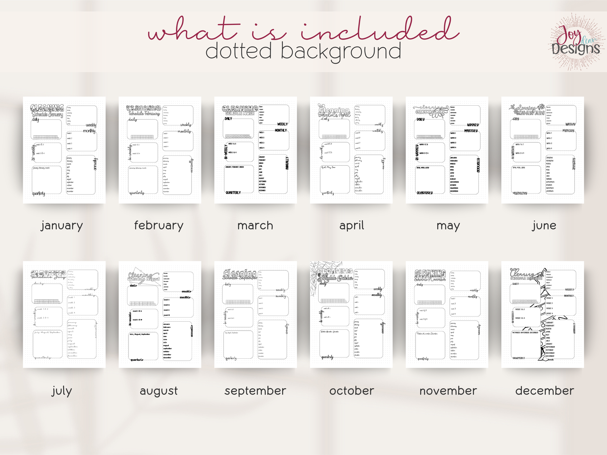 monthly cleaning schedule printable bundle digital cleaning planner pages home management binder inserts chore chart system daily weekly monthly quarterly annual cleaning tracker minimal black and white bujo style dotted and plain backgrounds pdf instant download goodnotes friendly household organization planner insert home cleaning routine house chores list spring cleaning checklist planning tools for busy moms students and families printable planner pages