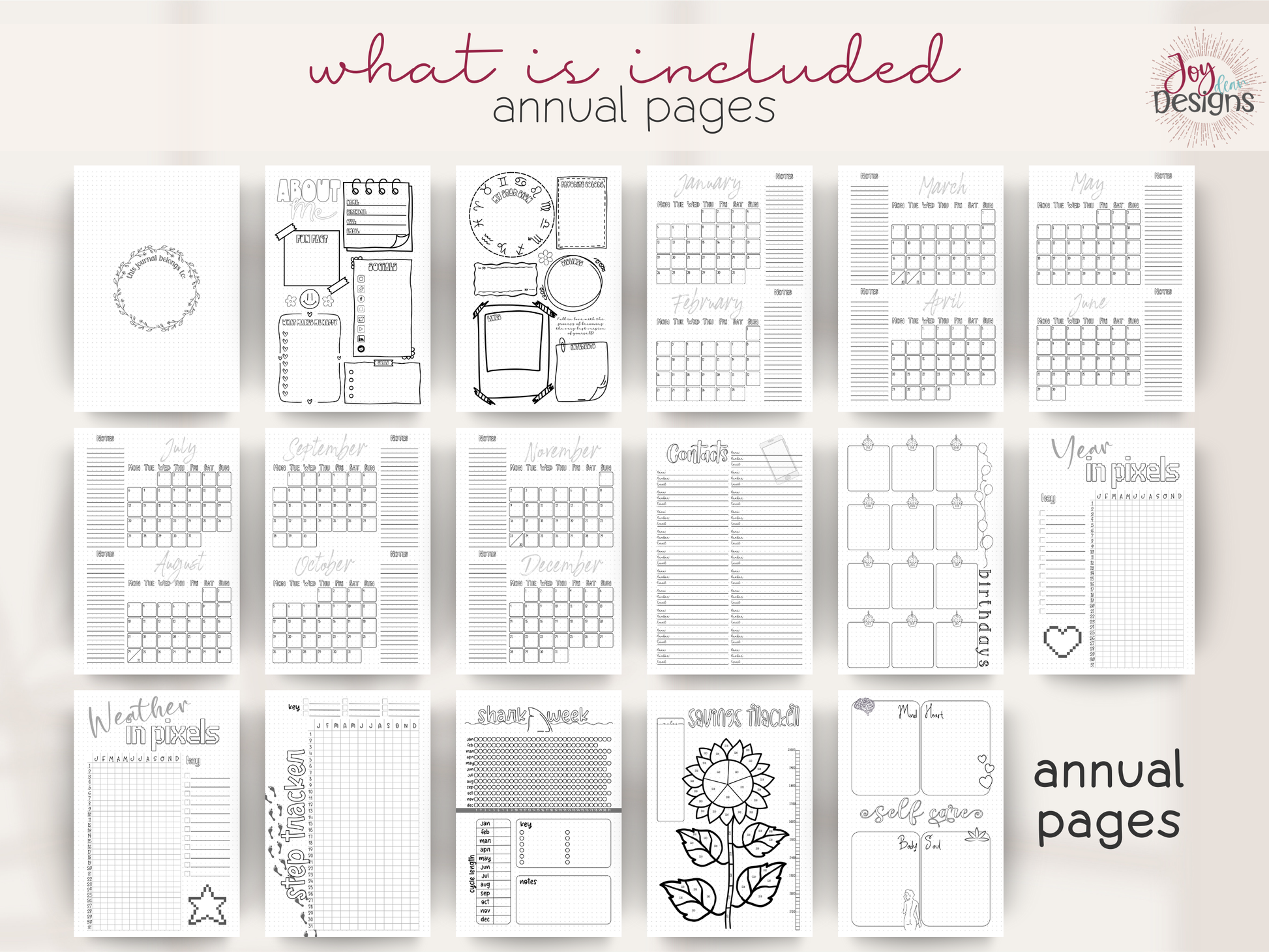 aesthetic bullet journal download pdf 2026 premade dotted planner digital bujo creative planner for women mental health tracking anxiety mood water sleep habit logs monthly themes winter valentines bees easter plants space citrus ice cream owls halloween coffee christmas printable journal in four sizes 6x9 US Letter A4 A5 coloring pages dutch door layouts bleed proof style organization self care routine gift idea