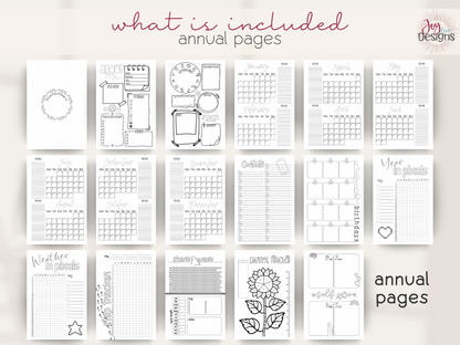 aesthetic bullet journal download pdf 2026 premade dotted planner digital bujo creative planner for women mental health tracking anxiety mood water sleep habit logs monthly themes winter valentines bees easter plants space citrus ice cream owls halloween coffee christmas printable journal in four sizes 6x9 US Letter A4 A5 coloring pages dutch door layouts bleed proof style organization self care routine gift idea