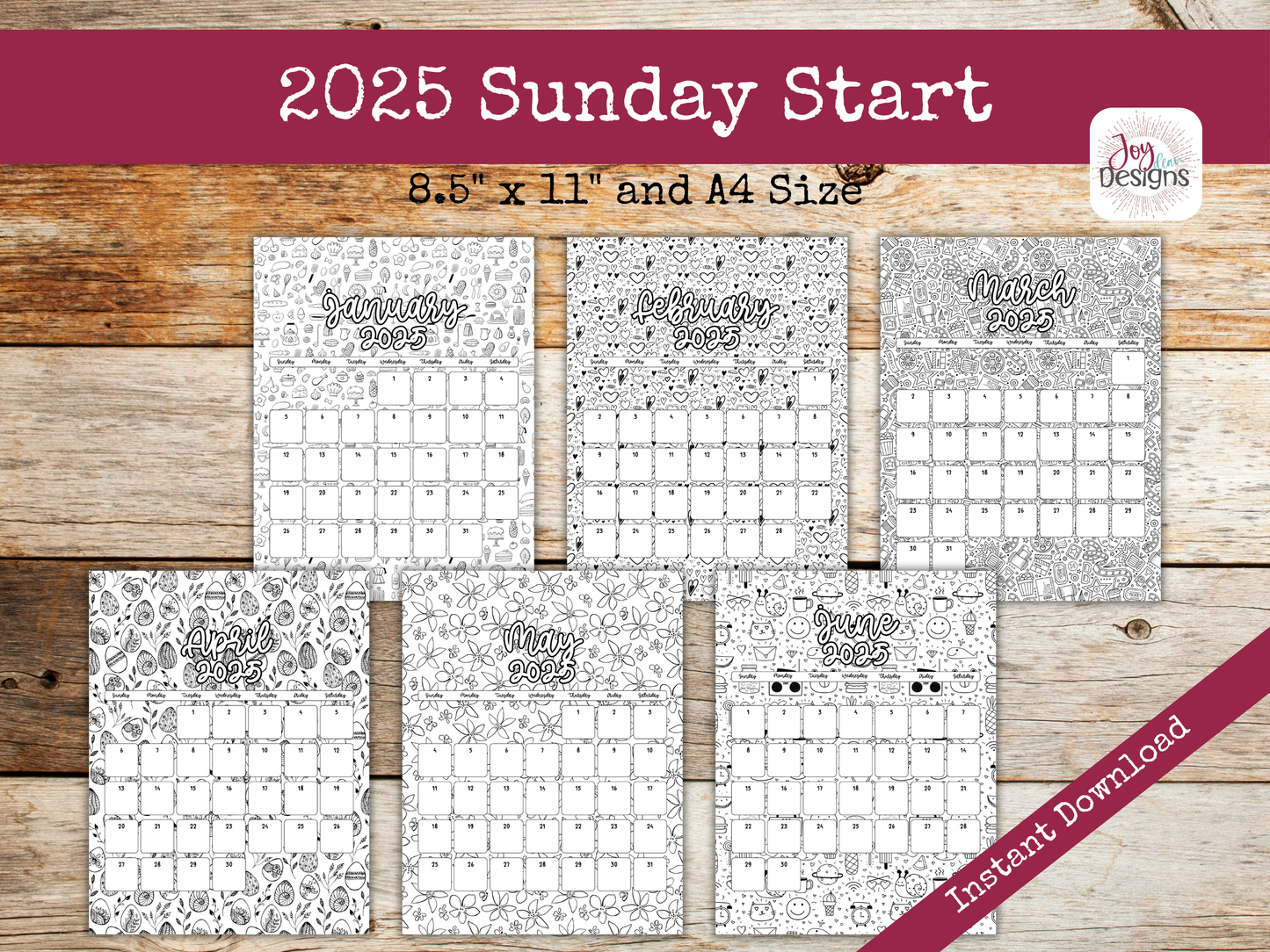 2025 Monthly Calendars Vertical Doodle Coloring Instant Download Printable Calendar 8.5x11 and A4 Size Portrait