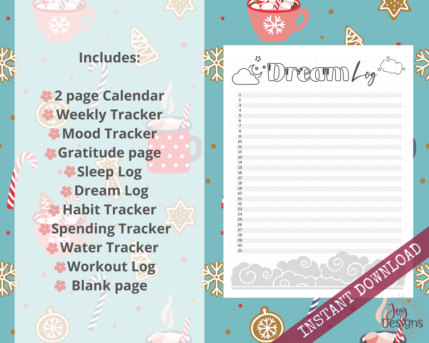 December Pre-Made Bullet Dotted Journal Pages Instant Download Printable Planner Undated