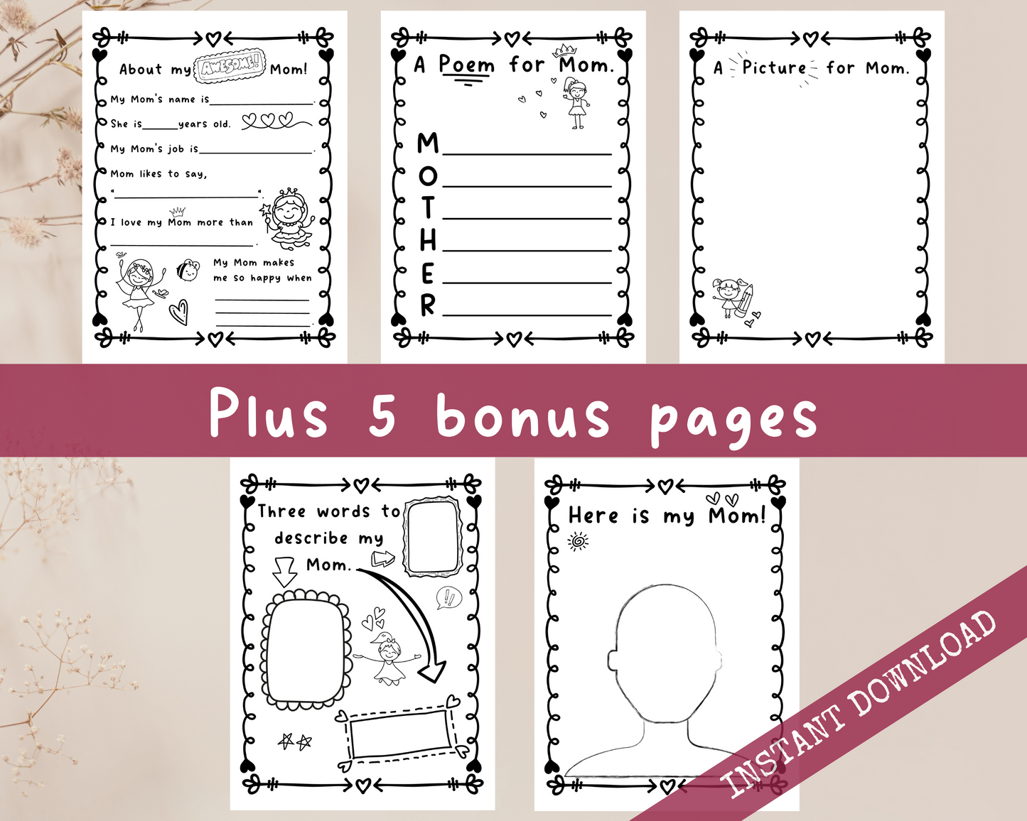 Mommy and Me Coupons: 20 Vouchers to Color, Cut out and Give to Mom. Plus Bonus Pages With Prompts About Mother, Instant Download Printable