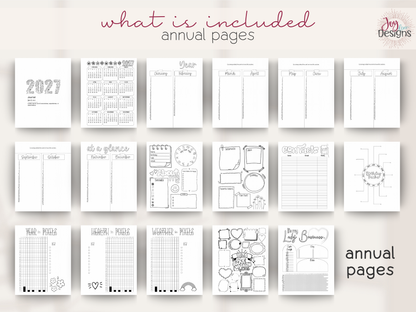 Collection of annual planning pages from The Enchanted 2027 dotted journal, featuring the 2027 calendar, year-at-a-glance spreads that can be converted into Dutch doors, About Me pages, contact list, birthday tracker, Year in Pixels, Health in Pixels and Weather in Pixels. These pre-designed black and white journal pages provide space for tracking important dates, personal information, moods, health and everyday life throughout 2027.