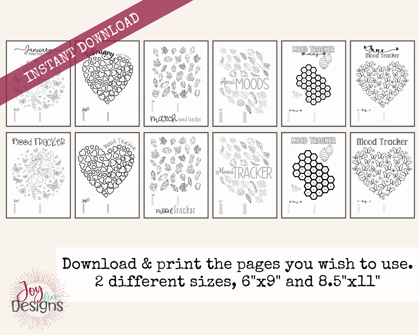 21 Monthly PreMade Mood Trackers Bullet Dotted Journal Pages Instant Download Printable Planner | 6x9 and 8.5 x11 Sizes | FREE Dotted Page