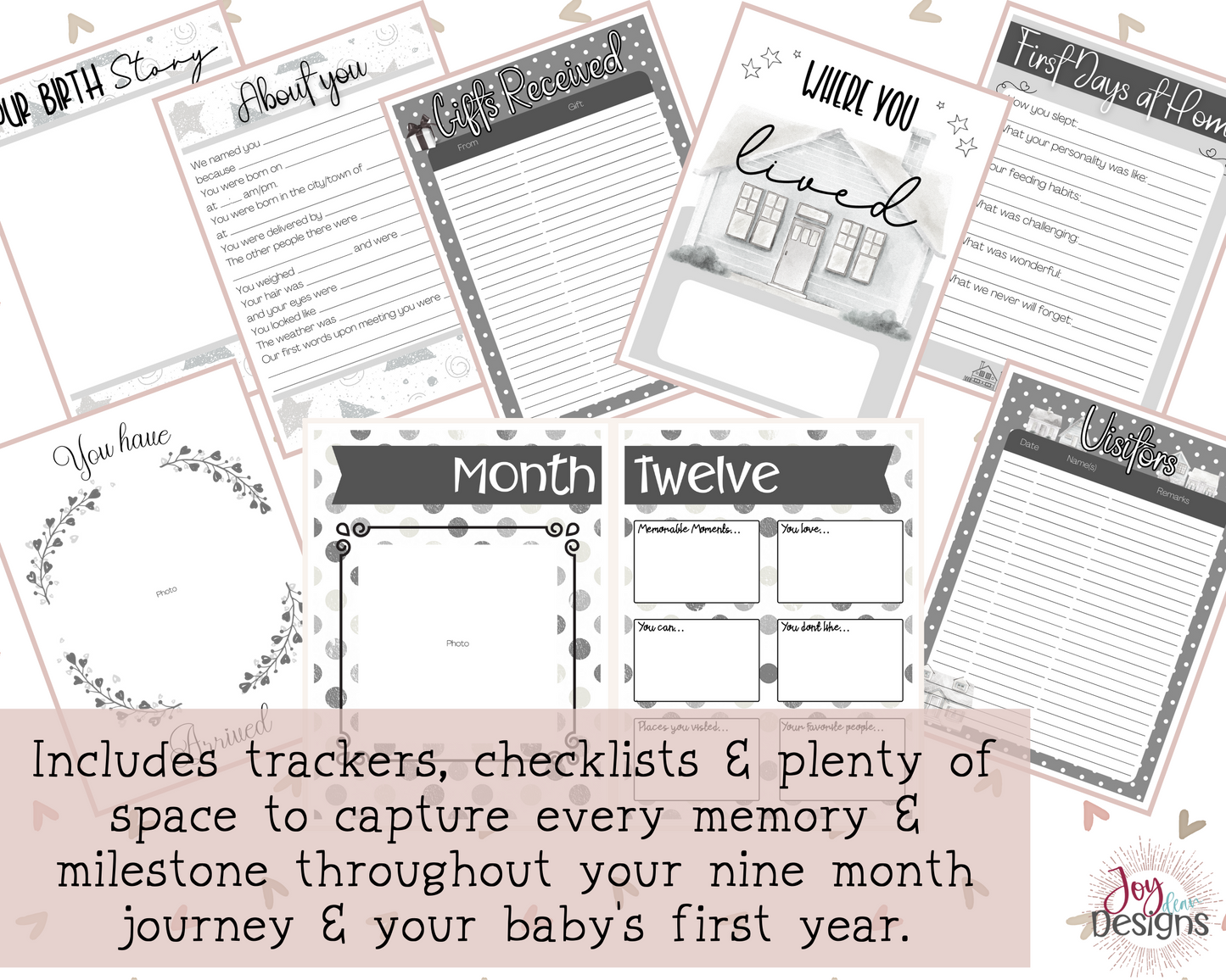 Printable Pregnancy Journal Memory Book to Track From Conception to Baby's First Birthday - Black & White - Digital Instant Download