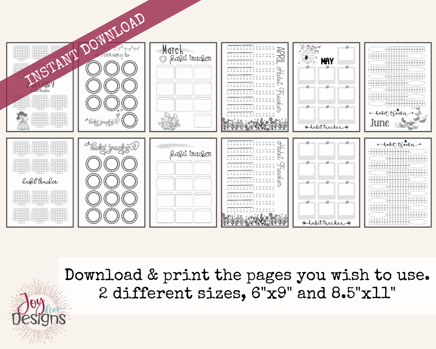 12+ Monthly PreMade Habit Trackers Bullet Dotted Journal Pages Instant Download Printable Planner | 6x9 and 8.5 x11 Sizes | FREE Dotted Page