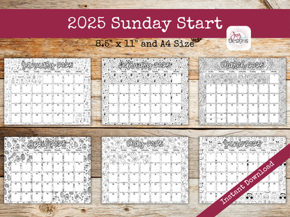 2025 Monthly Calendars Horizonal Doodle Coloring Instant Download Printable Calendar 8.5x11 and A4 Size Landscape