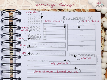 2026 methodical daily planner undated journal one page per day habit tracker mood tracker fitness tracker water tracker step tracker gratitude journal time tracker wellness planner productivity planner soft cover coil bound planner 6x9 notebook goal setting monthly calendar spread notes pages dotted pages pen test pages organization journal for women planner for busy life health tracker mindful planning routine builder self care journal daily reflection journaling system