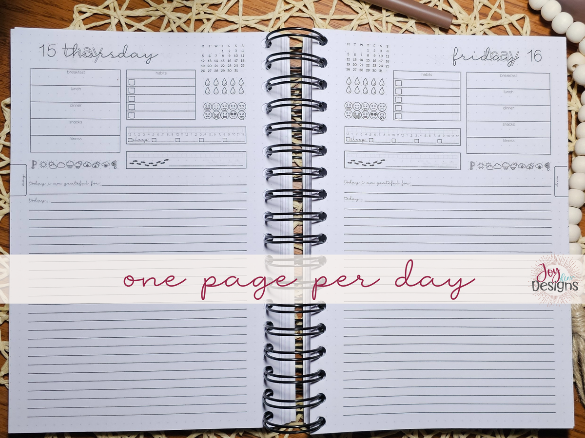 Open 2027 Methodical daily planner showing two full daily journal pages with black plastic coil binding. Each page includes a mini calendar habit tracker water tracker mood tracker sleep and time tracker step counter meal and fitness log weather icons gratitude section and lined journaling space. One page per day bullet journal layout in a 6x9 coil bound planner designed for daily organization wellness tracking and personal reflection.