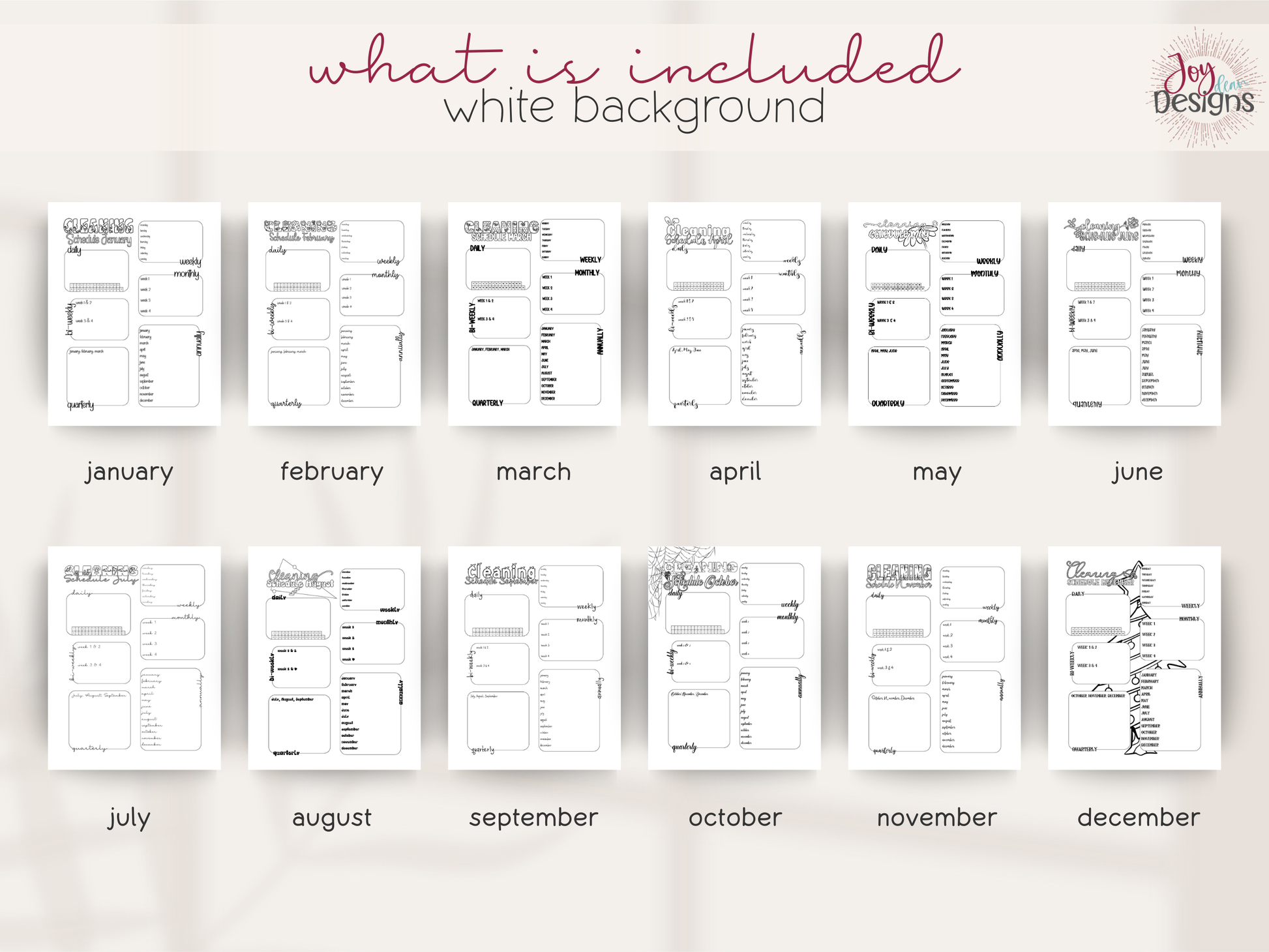 monthly cleaning schedule printable bundle digital cleaning planner pages home management binder inserts chore chart system daily weekly monthly quarterly annual cleaning tracker minimal black and white bujo style dotted and plain backgrounds pdf instant download goodnotes friendly household organization planner insert home cleaning routine house chores list spring cleaning checklist planning tools for busy moms students and families printable planner pages