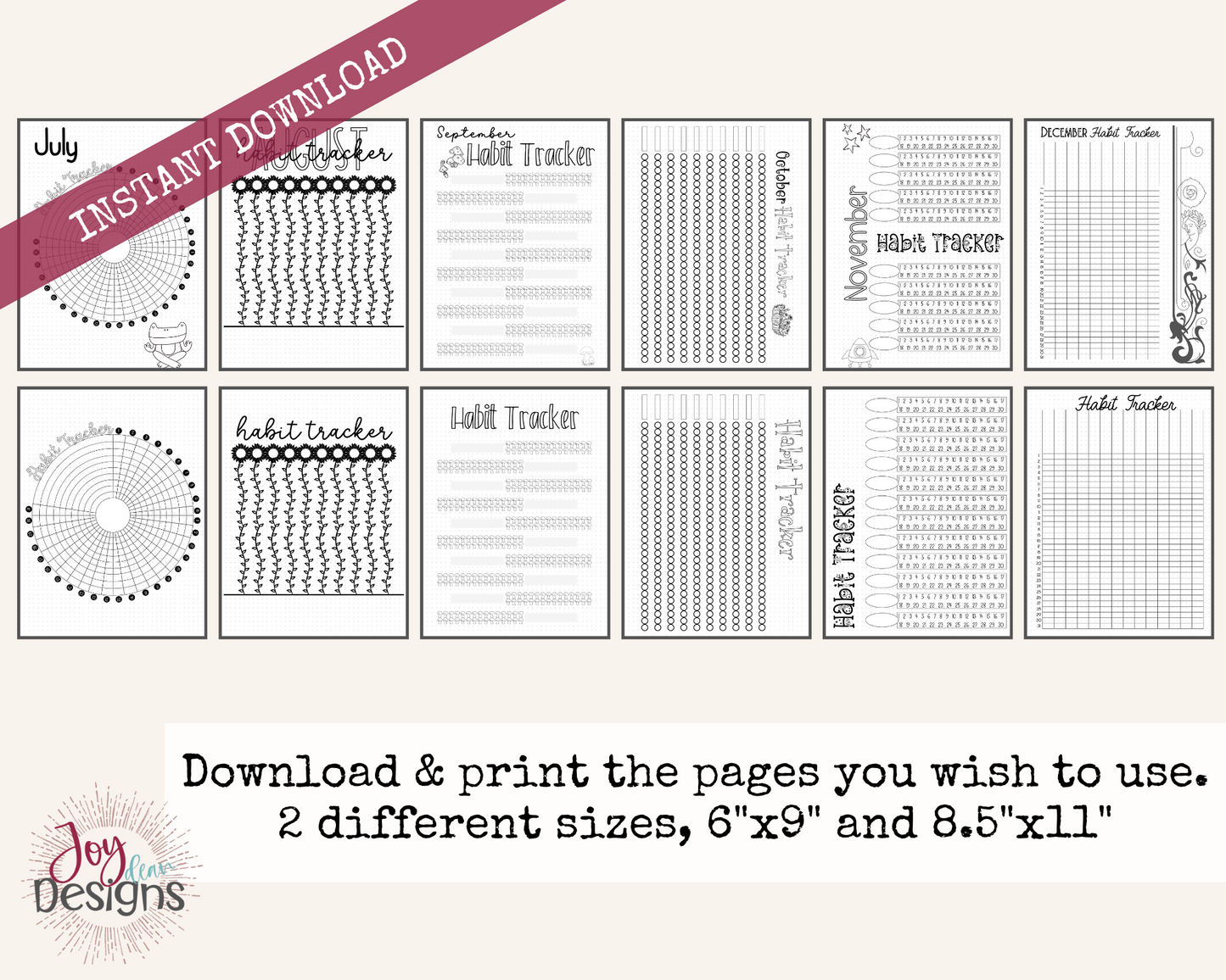 12+ Monthly PreMade Habit Trackers Bullet Dotted Journal Pages Instant Download Printable Planner | 6x9 and 8.5 x11 Sizes | FREE Dotted Page