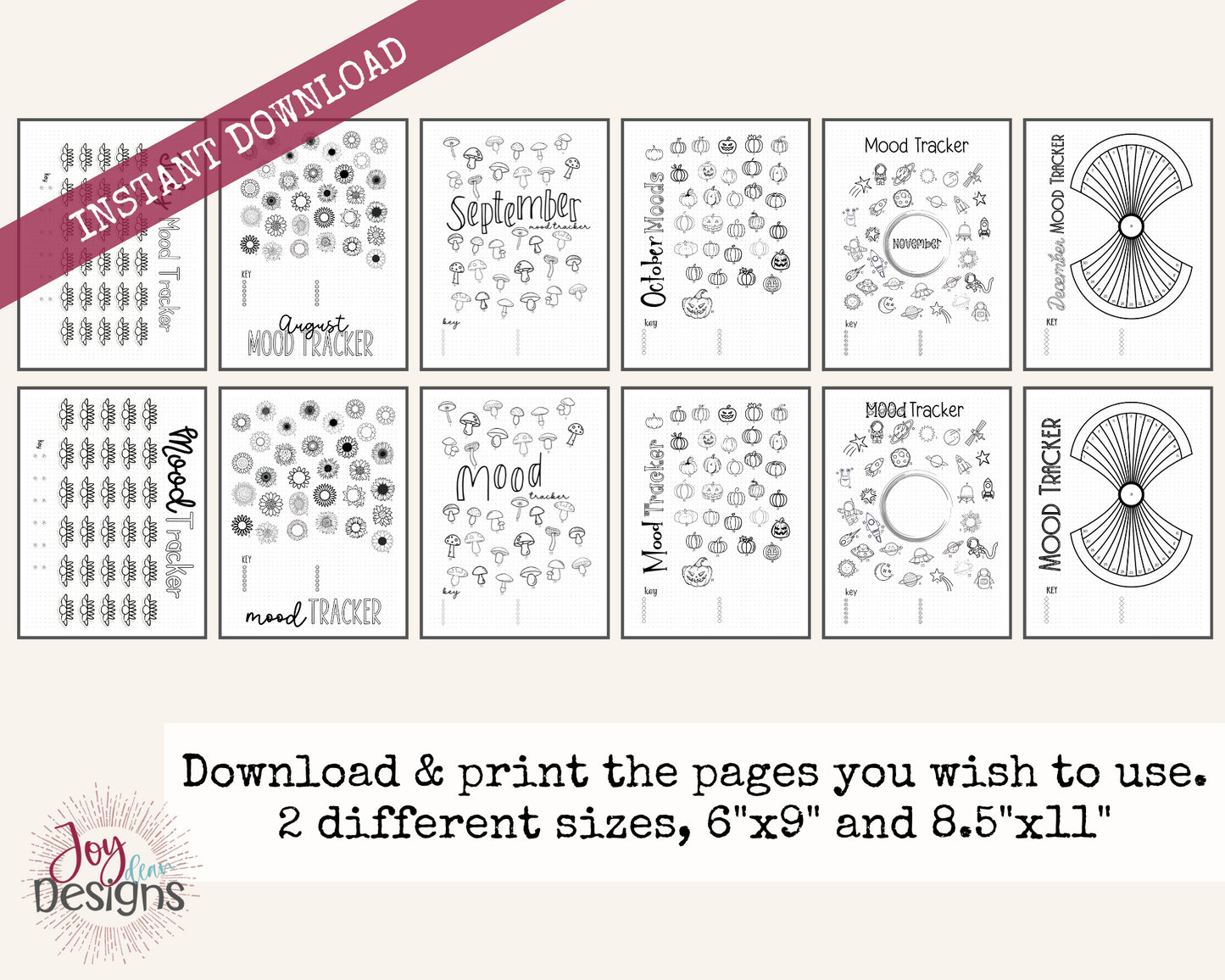 21 Monthly PreMade Mood Trackers Bullet Dotted Journal Pages Instant Download Printable Planner | 6x9 and 8.5 x11 Sizes | FREE Dotted Page