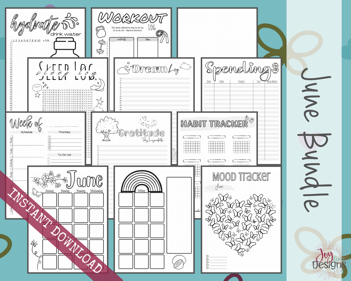 June Pre-Made Bullet Dotted Journal Pages Instant Download Printable Planner Undated