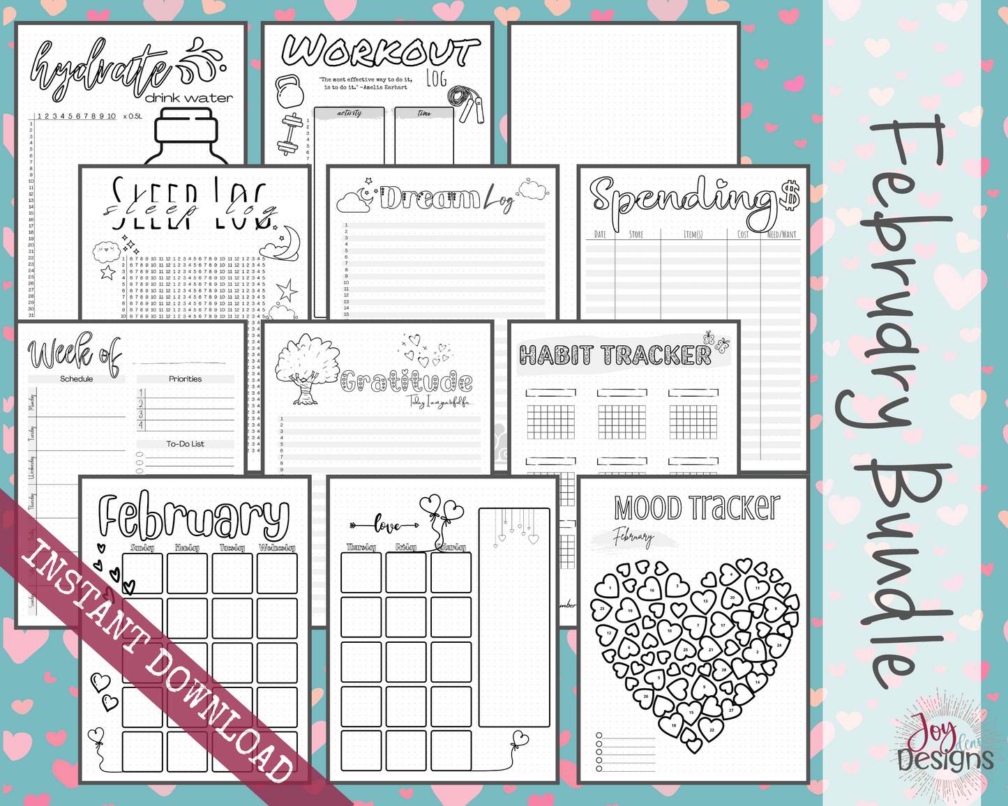 February Pre-Made Bullet Dotted Journal Pages Instant Download Printable Planner Undated