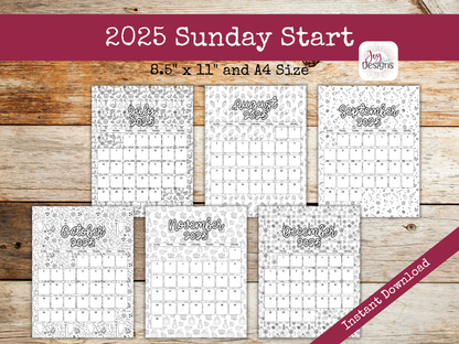 2025 Monthly Calendars Vertical Doodle Coloring Instant Download Printable Calendar 8.5x11 and A4 Size Portrait