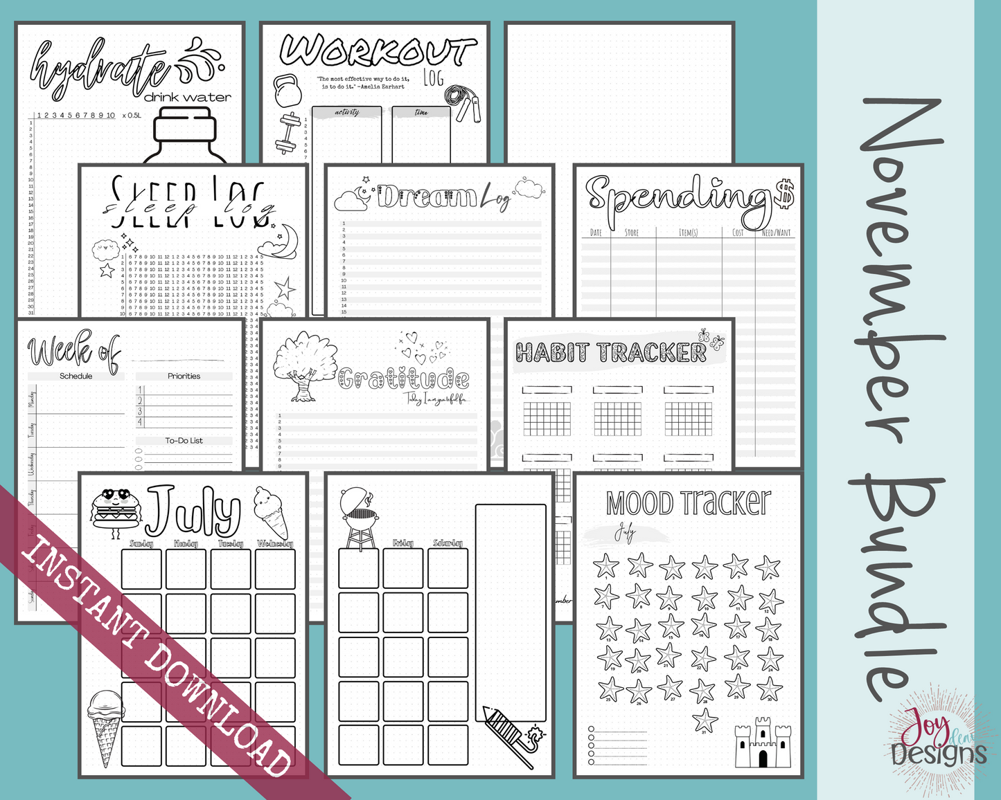 November Pre-Made Bullet Dotted Journal Pages Instant Download Printable Planner Undated Bujo