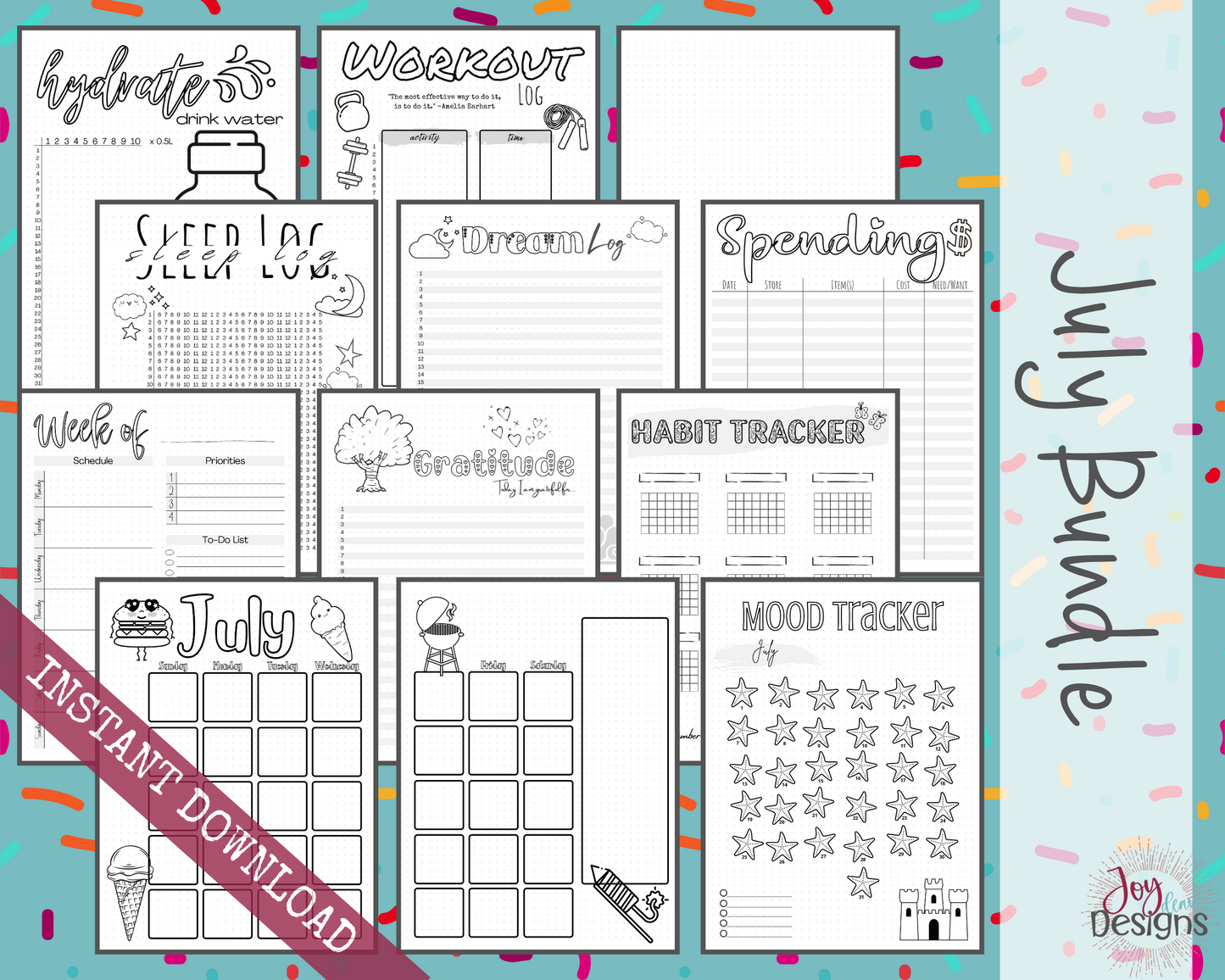 July Pre-Made Bullet Dotted Journal Pages Instant Download Printable Planner Undated